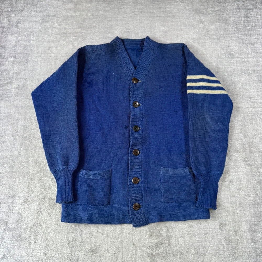 Vtg 1960s Varsity Cardigan Sweater Mens Large Blue Striped Arm Letterman Knit